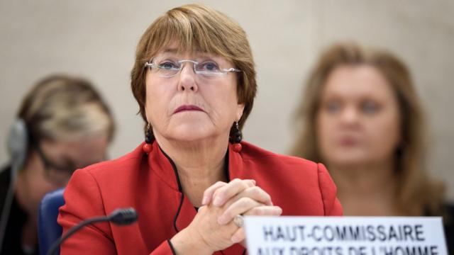 Ex-presidente Michelle Bachelet em reunião na ONU em fevereira como alta comissão para os direitos humanos