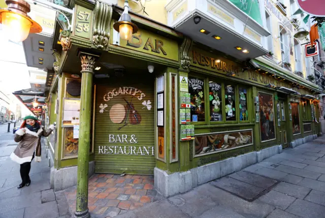 Pub doors are locked in the Temple Bar area of Dublin. 15 March 2020