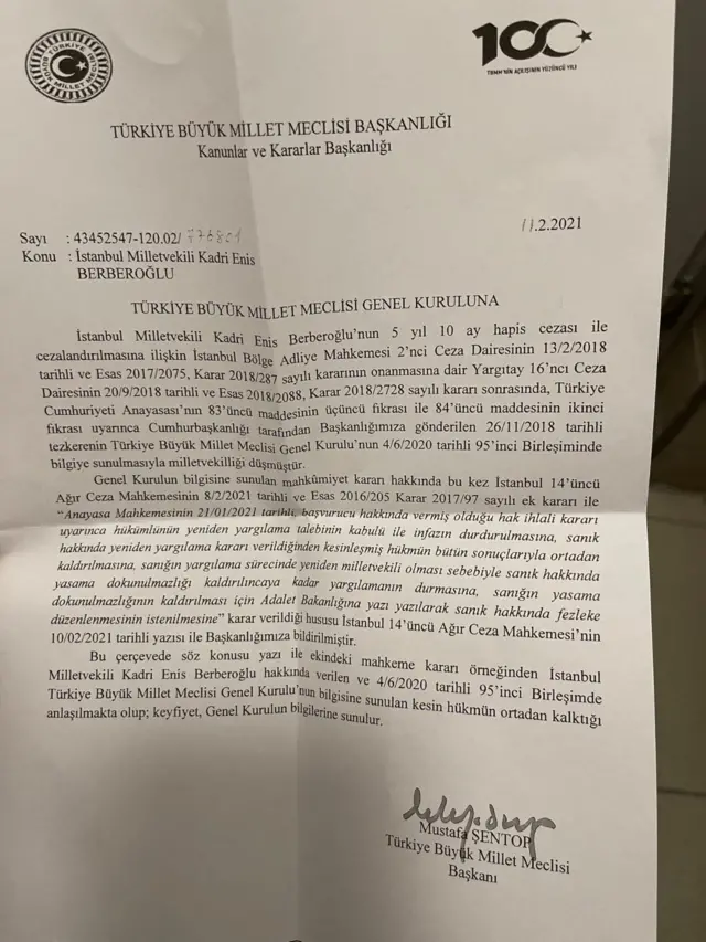 TBMM Başkanı Mustafa Şentop'un Genel Kurul'a gönderdiği yazı