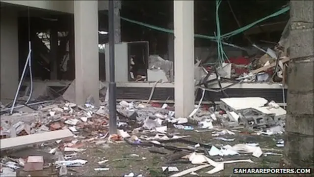 Scene of Friday's bomb blast at the UN building in the Nigerian capital Abuja (pic courtesy SaharaReporters.com)