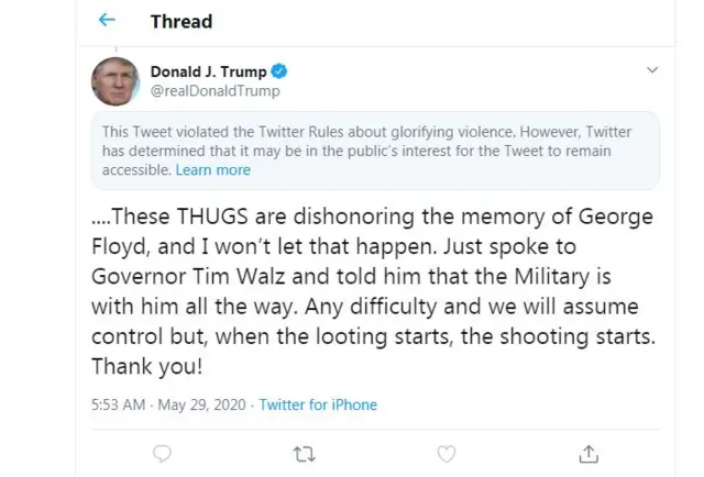 Ozi Donald Trump wepụtara na Twitter maka ngagharaịiwe so ọnwụ George Floyd