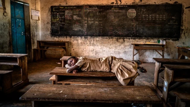 Una niña duerme en un pupitre en una escuela con escasos recursos