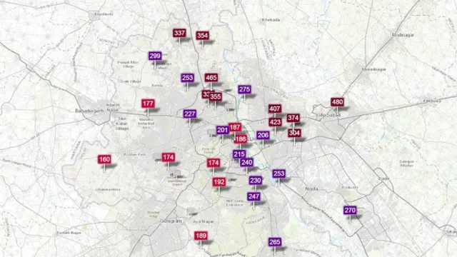 शनिवारी सकाळी 8 वाजता दिल्लीची हवा काही अशी होती. (आकडे AQICN.ORG या वेबसाईटवरून)