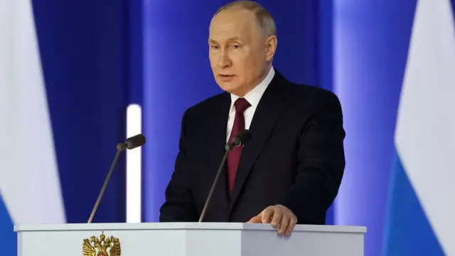 Russian President Vladimir Putin delivers his annual state of the nation address at the Gostiny Dvor conference centre in central Moscow on February 21, 2023.