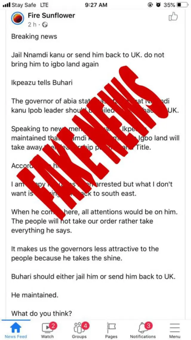 Akụkọ ụgha maka Nnamdi Kanu