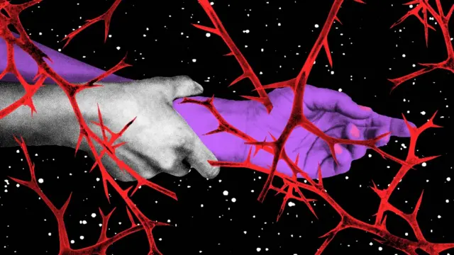 Ilustración que muestra la mano de una mujer sujetada por un hombre y rodeada de espinas