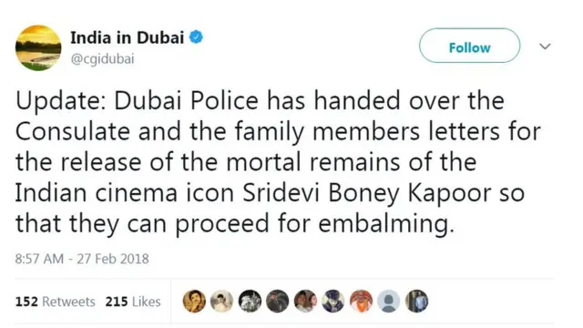 ஸ்ரீதேவி உடலை எம்பாமிங் செய்ய துபாய் போலீஸ் அனுமதி