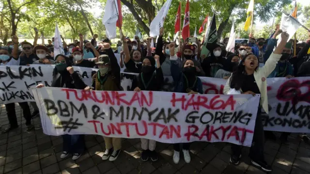 Ratusan mahasiswa menuntut diturunkannya harga BBM dan minyak goreng di depan Kantor Gubernur Bali di Denpasar, Bali, Rabu (13/04)