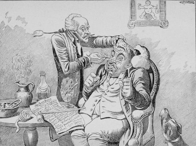 A physician holds a patient down while cutting him as a potion boils in a jug.