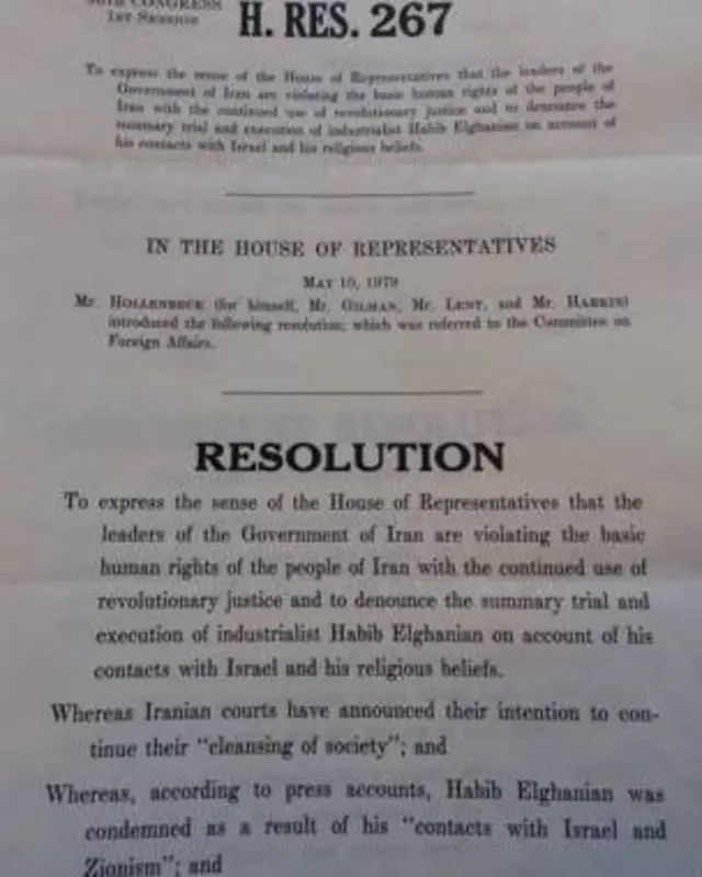 پیشنویس اولین قطعنامه حقوق بشری علیه ایران در کنگره - این سند یک روز پس از اعدام حبیبالله القانیان در مجلس نمایندگان آمریکا تدوین شد. پیشنویس قطعنامه سنا اما زودتر به رأی گذاشته شد