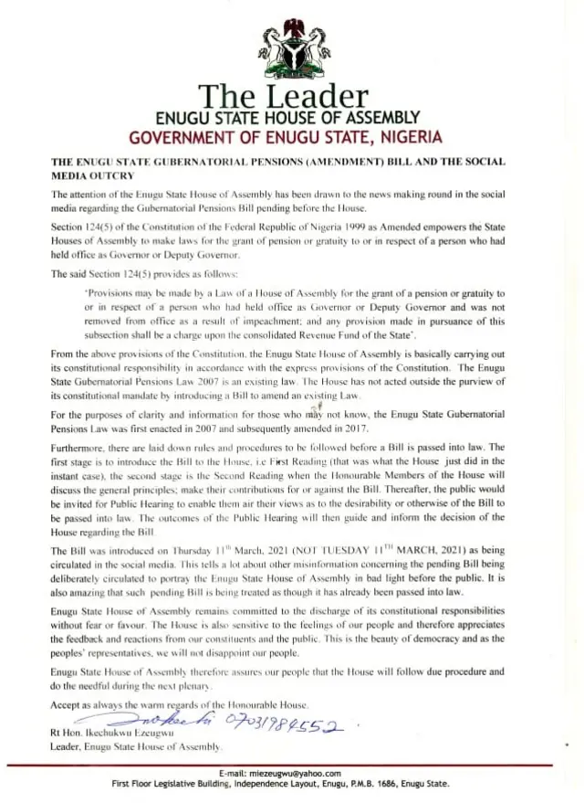 Enugu Pension for life bill: Iwe ndị mmadụ maka 'pension for life bill' ndị gọvanọ Enugu steeti bụ...