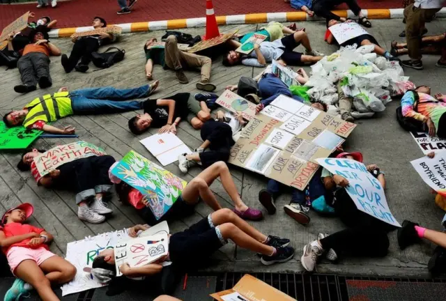 Protes perubahan iklim di Bangkok, Thailand.