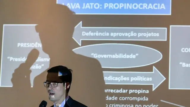 O procurador Deltan Dallagnol acusa Lulaser o 'comandante máximo' do esquemacorrupção envolvendo a Petrobras