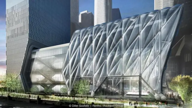 The Shed di New York, yang akan dibuka tahun depan, dan nantinya akan ditutupi oleh struktur tembus pandang.