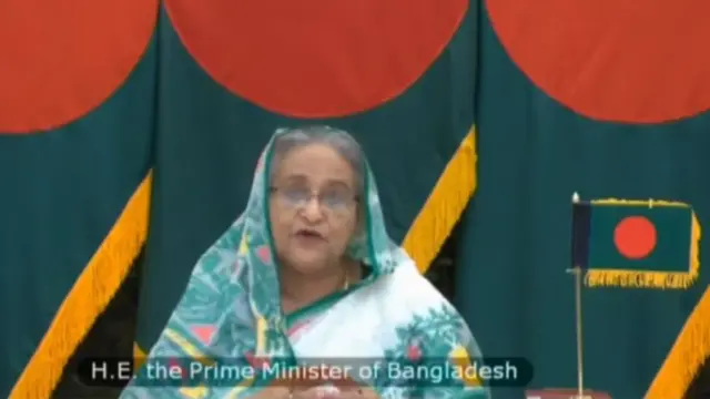 ভিডিও কনফারেন্সে বক্তব্য রাখছেন বাংলাদেশের প্রধানমন্ত্রী শেখ হাসিনা
