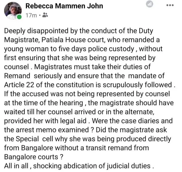 સુપ્રીમ કોર્ટના વકીલ રેબેકા જોનની ફેસબુક પોસ્ટ