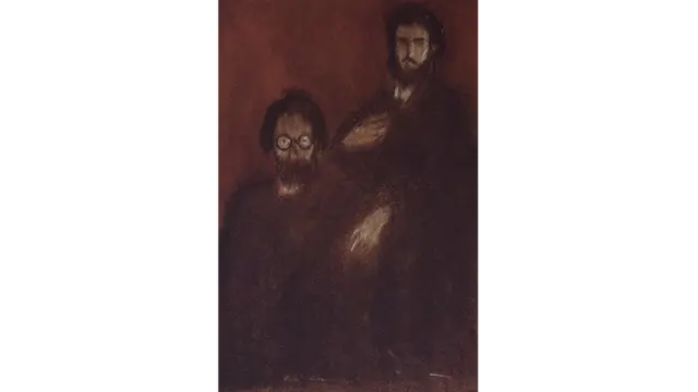 Pintura de Di Cavalcanti retrata dois homens de terno e barba em um fundo vermelho