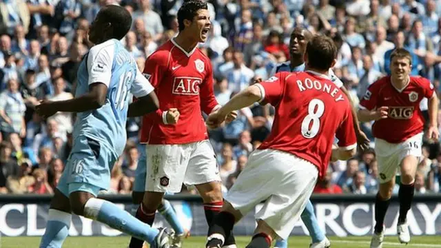 Ronaldo celebrates scoring against Manchester City in 2007