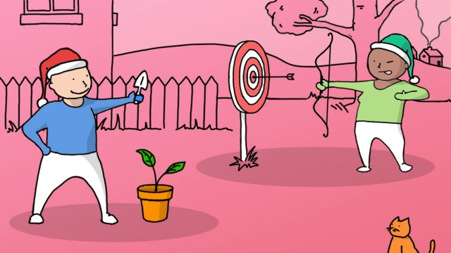 Рисунок: человек с цветочным горшком и человек с луком и мишенью.