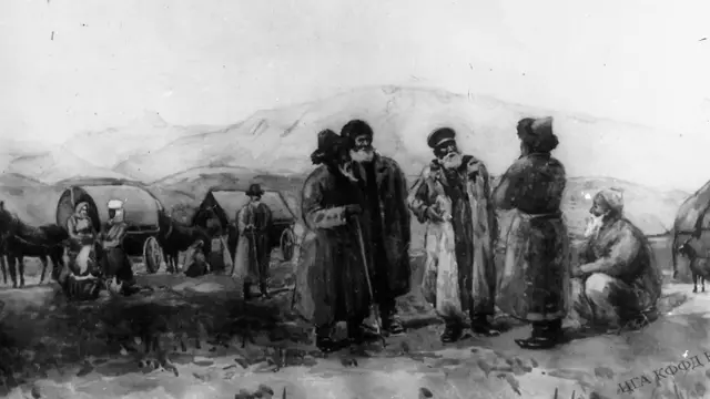 Орусиядан жер которуп келгендер менен жергиликтүү кыргыздардын жолугушуусу.