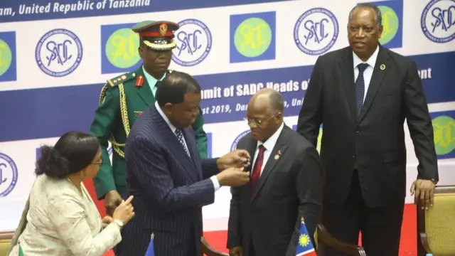 Perezida Magufuli ubwo yagirwaga umukuru mushya w'uyu muryango wa SADC