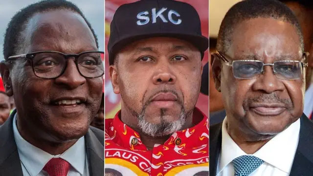 madaxwayne Peter Mutharika (midig) Lazarus Chakwera (bidix) and Saulos Chilima (dhexda)