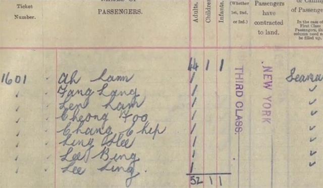 Un boleto único registra los nombres de los ocho pasajeros chinos en el Titanic