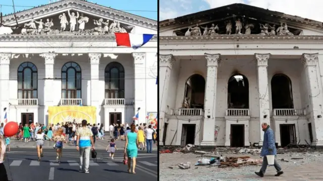 Montagemgratis betsduas fotografias mostra um teatro com colunas clássicas e várias pessoasgratis betsfrente e o mesmo local com marcasgratis betsincêndio e destroços