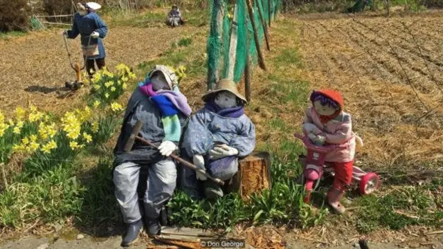 Orang-orangan sawah Ayano menggambarkan petani, tetangga dan anak-anak sekolah.