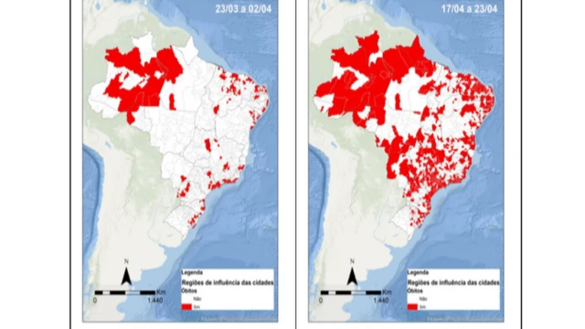 Dois mapas do Brasil com distribuiçãocasa de apostas influencersóbitos pelo país,casa de apostas influencersdois períodos diferentes (27/03-02/04 e 17/04-23/04)