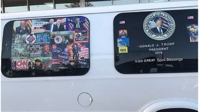 Mr Sayoc's van with pro-Trump images and an image reading 'CNN SUCKS dishonest media'