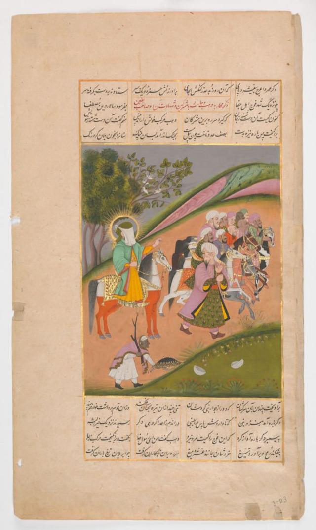Muhammad e seus seguidores indo para a batalha, fólio de um Hamla-yi Haidari, por volta de 1820. Artista desconhecido.