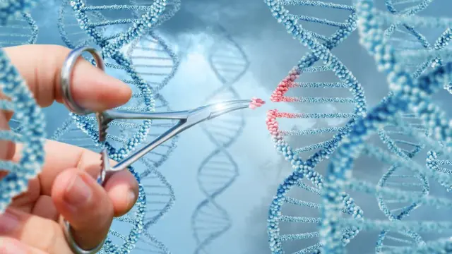 Conceptual illustration - a hand appearing to insert a molecule into a DNA strand
