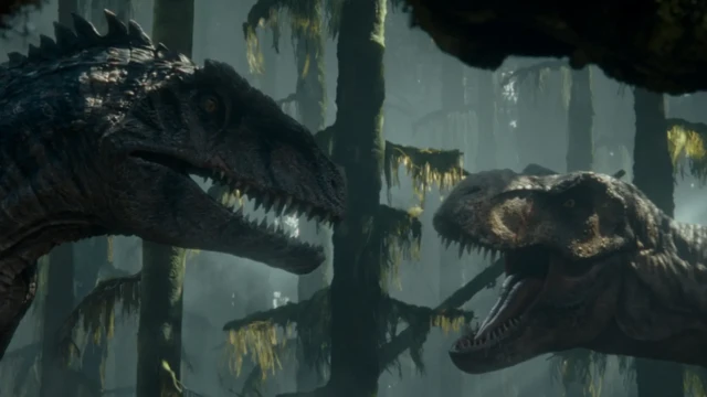 Cenajogo da roleta da sortefilme mostra um T. rex e um giganantossauro se enfrentandojogo da roleta da sorteuma floresta