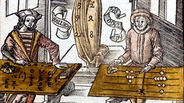 Pitágoras (à direita) competindo com Boécio. Ilustração do livro Margarita Philosophica (1508)