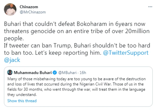 Muhammadu Buhari: Nigerians react to Buhari 'rude shock' threat on rising violence for southeast