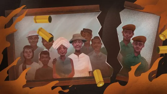 Ilustrasi foto keluarga Bo Kyar Yine yang sobek, melambangkan perpecahan di keluarga itu.