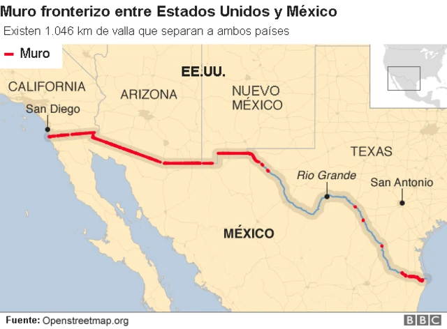 Mapa del muro entre EE.UU. y México
