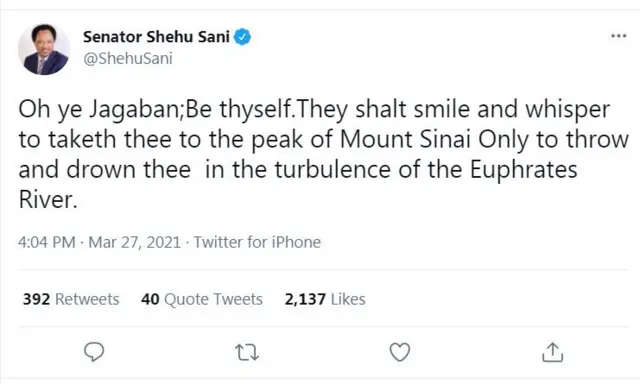 Ọrọ ti Shehu Sani kọ soju opo Twitter rẹ