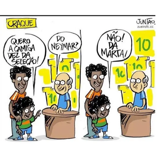Caricatura de Juniao. "Quiero la caseta 10 de la selección", dice el niño. "¿La de Neymar?", pregunta el vendedor. "¡No, la de Marta!", exclama el pequeño.