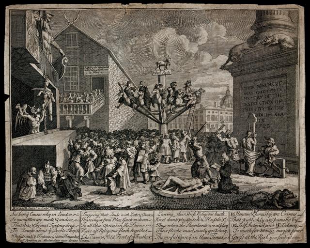 威廉·霍加斯（William Hogarth），“南海计划：投机者被南海公司击垮”（1721年）- 'The South Sea Scheme: speculators ruined by the collapse of the South Sea Company' (1721)