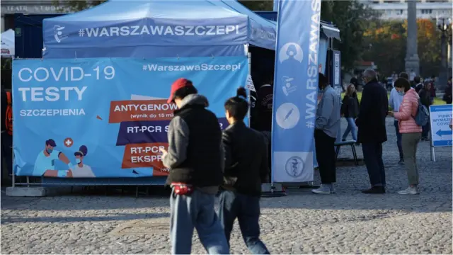 A COVID-19 testing point is seen in central Warsaw, Poland on 1 October 2021
