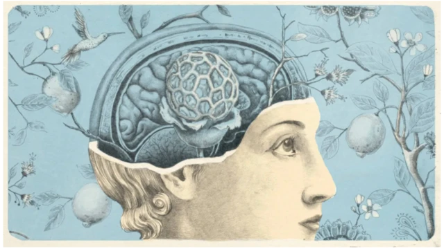 Çiçeklerle çevrili bir kadın resmi.