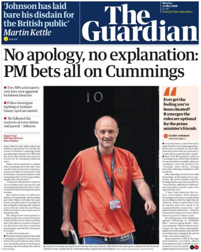 Guardian manşeti: "Özgür yok, izah yok: Başbakan bahiste her şeyini Cummings'e yatırıyor"