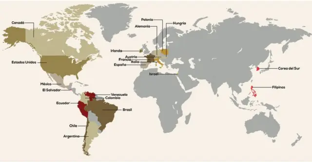 Un mapa con países con presencia de Legionarios de Cristo