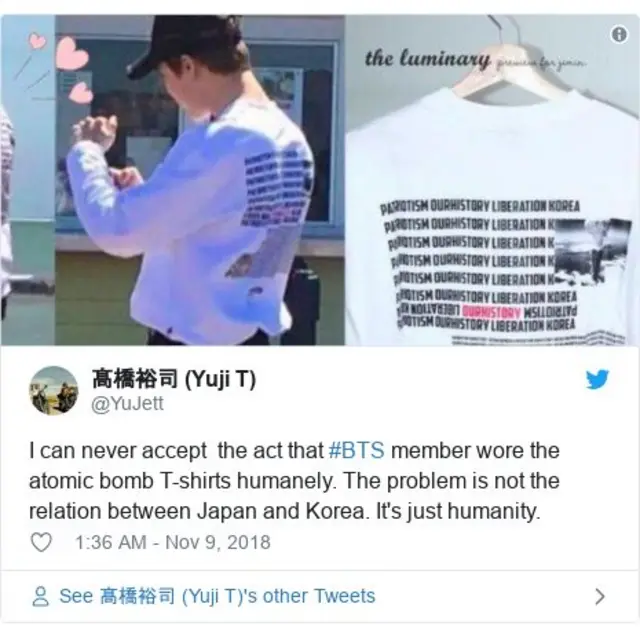 Lời phản đối trên Twitter về việc một thành viên BTS mặc chiếc áo đó