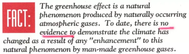 Extrait d'une brochure préparée par la société Harrison pour le GCC en 1994 et qui soutient que l'effet de serre est un "phénomène naturel produit par des gaz atmosphériques d'origine naturelle et qu'à ce jour rien ne permet d'indiquer que le climat a changé à la suite de acte humain.