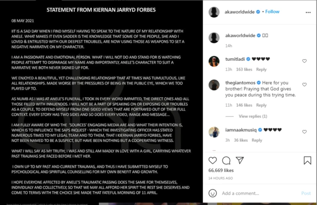 "AKA breaks down door": 'Rapper Kiernan Forbes statement on fiancée Anele Tembe death' as viral video allege abuse