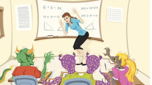 Рисунок - дети в виде монстров и учительница в классе