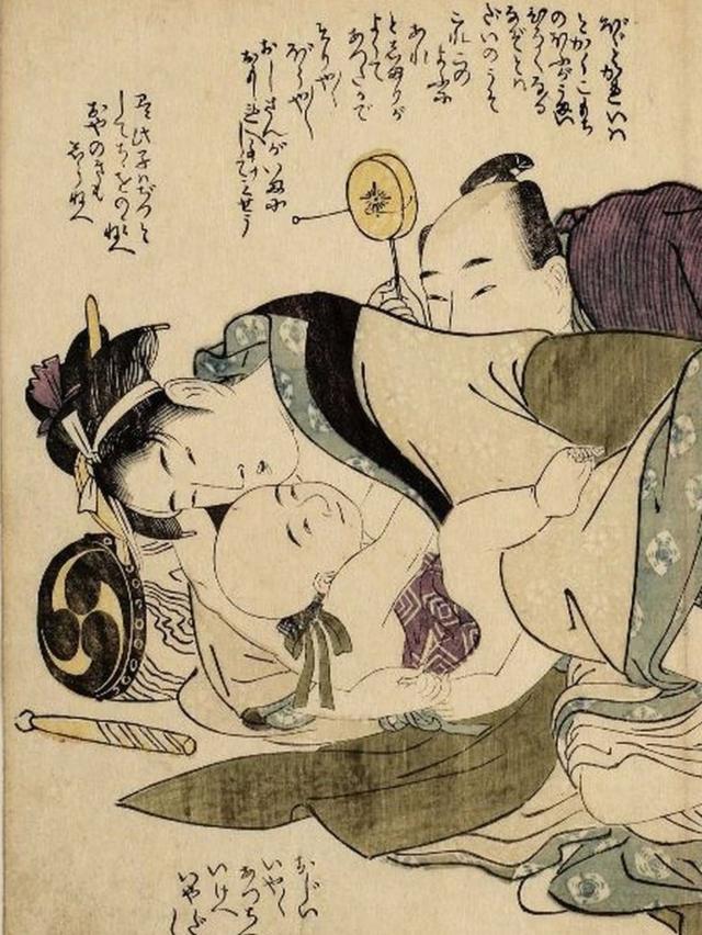 赤ちゃんが描かれた春画、喜多川歌麿作「艶本床の梅」より（一部）。国際日本文化研究センター所蔵。